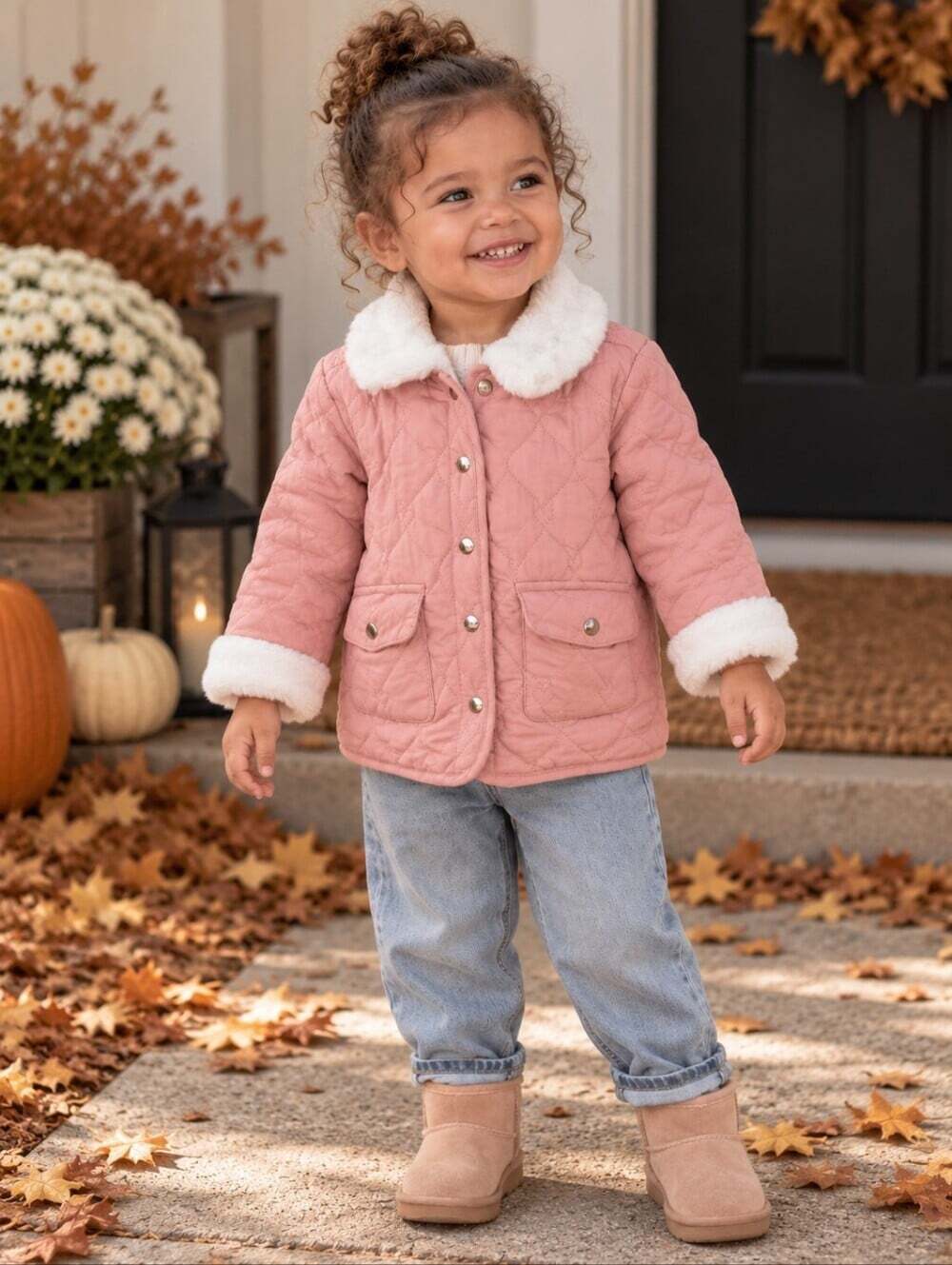Aspen Baby Girls Pink Quilted Worker Jacket 24M Faux Fur Collar Cottagecore